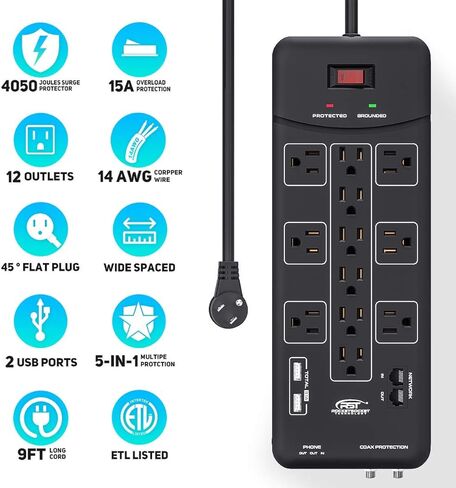 قطاع الطاقة الواقي من زيادة التيار CRST (4050J) مع قابس مسطح و2USB (3.1A)، حماية Tel/Modem/Coax RJ11، قاطع دائرة 15A ETL مدرج 6FT in Kuwait