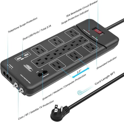 قطاع الطاقة الواقي من زيادة التيار CRST (4050J) مع قابس مسطح و2USB (3.1A)، حماية Tel/Modem/Coax RJ11، قاطع دائرة 15A ETL مدرج 6FT in Kuwait