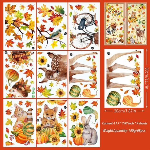ملصقات نافذة الخريف على شكل ورقة القيقب على شكل يقطين الخريف، ملصقات نافذة مواء لطيفة على شكل قطة، ملصقات فنية جدارية قابلة للتقشير والعصا على شكل حيوانات لتزيين حفلات عيد الشكر in Kuwait