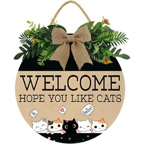 KPSheng Welcome We Hope You Like Cats Sign, Funny Welcome Front Door Cat Pet Sign, 12inch Farmhouse Adorable Cartoon Cat Door Decoration, Cat Welcome People Tolerated Sign Hanging for Cat Lover Owner