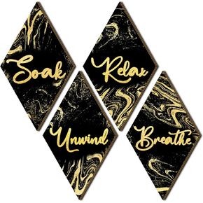 4PCs Bathroom Wall Decor, Diamond Shape Wooden Bathroom Signs - Soak Relax Unwind Breathe, Marble Style Wall Arts Decorations for Bathroom SPA Shower Room Toilet Dressing Room Laundry Room (Black)