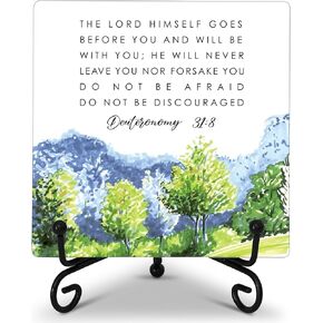 Inspirational Christian Desk Sign, The Lord Himself Goes Before You Religious Wooden Plaque Sign With Iron Stand, Motivational Baptism Gifts for Women, Bible Verse Sign Desk Decor for Farmhouse Home