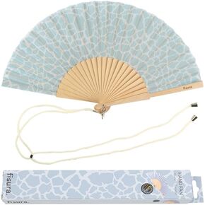 Fisura - Original aqua folding fan. Blue handheld folding fan for women. Hanger included. Fans for wedding, party, gift.