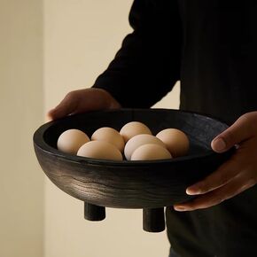Wood Decorative Footed Bowl, 11" Large Round Fruit Bowl Basket, Wabi Sabi Vintage Decor for Centerpiece Tabletop Shelf, Black