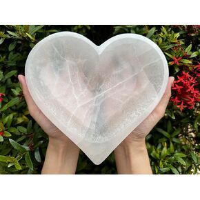 GAF TREASURES Jumbo Selenite Heart Bowl, 8" Selenite Heart Shaped Dish Bowl, Crystal Polished Cleansing Charging Healing Gemstone Bowl