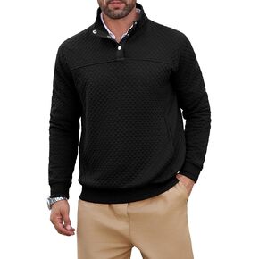Men's Quilted Pullover Sweatshirt Long Sleeve Stand Collar Button Casual Pullover Sweater Jackets with Pockets