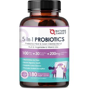 NATURE TARGET Probiotics for Women-Men-Kids Digestive Health, Prebiotics and Probiotics for Women, 100 Billion for Gut and Immune Health, No Refrigeration, 180 Veggie Capsules (90 Days Supply)