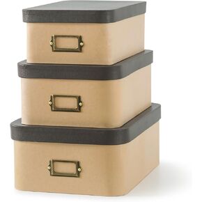 Soul & Lane Kraft Decorative Boxes with Buffalo Leather Lids - Set of 3, Cardboard Boxes with Bronze Label Holders, Perfect for Home and Office Decor and Organizing, Memory Boxes for Keepsakes