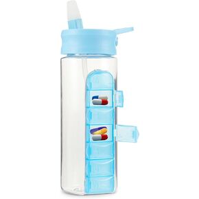 MARS WELLNESS 24 Ounce Water Bottle with Slideout Pill Box, Daily Pill Organizer - 7 Day Medicine Holder, Easy Slide Out Pill Container, Popup Straw for Hydration