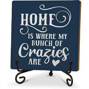 Home Office Decor, New Home Decor, Home Is Where My Bunch Of Crazies Are Sign, Housewarming Gifts for Family Friends and Colleagues, Funny Wooden Decor for Home Office Decoration Shelf-A24