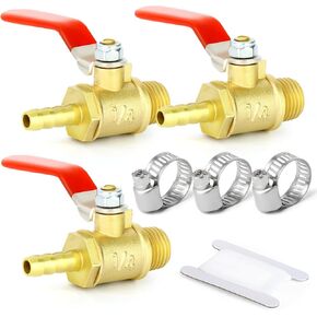 GASHER 3 PCS Brass 1/4 Inch Mini Brass Ball Valve Shut Off Switch, 1/4 Inch MNPT x 1/4 INCH Hose Barb Pipe Tubing Fitting with 3PCS Hose Clamps