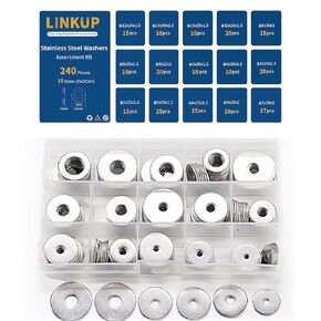 Linkup 240 Pcs Flat washers for screws (18-8) 304 Stainless Steel washers assortment kit,bigger Outside Diameter Large Flat Washers for Bolts,fender metal Washers flat Set,M3 M4 M5 M6 M8 M10 M12mm