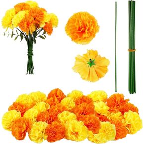 Waydress Artificial Marigold Bunch Fake Marigold Bunch Halloween Artificial Marigold Flowers with Stem for Birthday Party Diwali Halloween Party Decoration(Gold and Orange,20 Pieces)