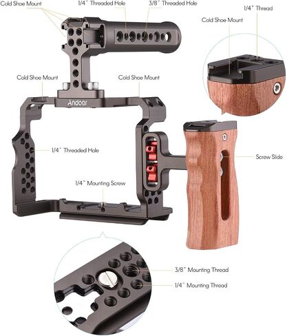Andoer Camera Rig Aluminum Alloy Replacement Kit with Wooden Handle on Top Video Handle for Sony A7R III, A7 II, A7III in Saudi Arabia