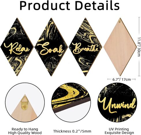 4PCs Bathroom Wall Decor, Diamond Shape Wooden Bathroom Signs - Soak Relax Unwind Breathe, Marble Style Wall Arts Decorations for Bathroom SPA Shower Room Toilet Dressing Room Laundry Room (Black) in Saudi Arabia