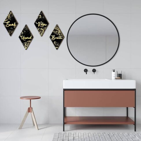 4PCs Bathroom Wall Decor, Diamond Shape Wooden Bathroom Signs - Soak Relax Unwind Breathe, Marble Style Wall Arts Decorations for Bathroom SPA Shower Room Toilet Dressing Room Laundry Room (Black) in Saudi Arabia