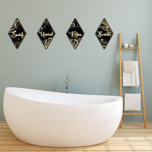 4PCs Bathroom Wall Decor, Diamond Shape Wooden Bathroom Signs - Soak Relax Unwind Breathe, Marble Style Wall Arts Decorations for Bathroom SPA Shower Room Toilet Dressing Room Laundry Room (Black) in Saudi Arabia