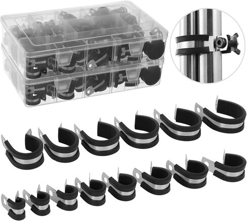 140 Pcs Cable Clamp Assortment Kit, 14 Sizes R-Shaped Cable Wire Pipe Hose Clamps, 304 Stainless Steel Rubber Cushioned Metal Tube Holders Clamps for Installation & Fixation in Saudi Arabia