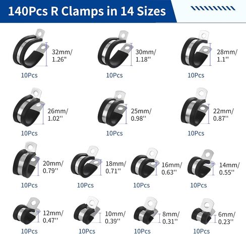 140 Pcs Cable Clamp Assortment Kit, 14 Sizes R-Shaped Cable Wire Pipe Hose Clamps, 304 Stainless Steel Rubber Cushioned Metal Tube Holders Clamps for Installation & Fixation in Saudi Arabia