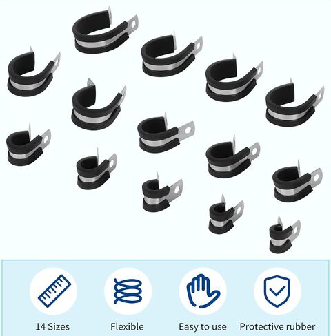 140 Pcs Cable Clamp Assortment Kit, 14 Sizes R-Shaped Cable Wire Pipe Hose Clamps, 304 Stainless Steel Rubber Cushioned Metal Tube Holders Clamps for Installation & Fixation in Saudi Arabia