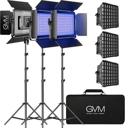 GVM RGB LED Video Light, Photography Lighting with APP Control, 1000D Video Lighting Kit for YouTube Studio, 3 Packs Led Panel Light, 3200K-5600K, 8 Kinds of The Scene Lights, CRI 97 (3 Packs 1000D) in Saudi Arabia