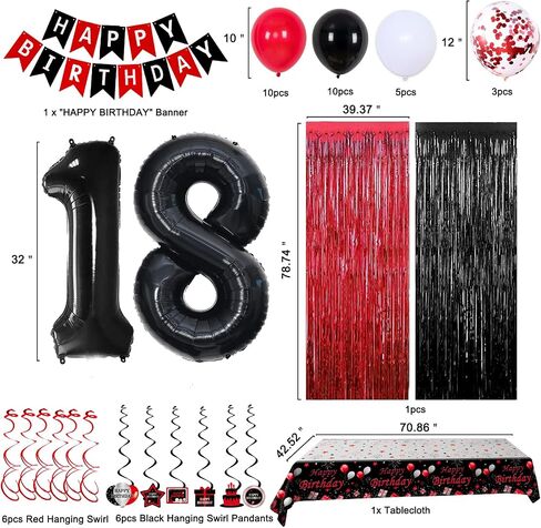 15th Birthday Decorations for Boys Girls,Red and Black 15th Birthday Balloons Banner Number 15 Balloon Hanging Swirls Tablecloth Foil Fringe Curtains For 15 Years Old Party Decorations Boys Girls in Kuwait