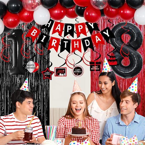15th Birthday Decorations for Boys Girls,Red and Black 15th Birthday Balloons Banner Number 15 Balloon Hanging Swirls Tablecloth Foil Fringe Curtains For 15 Years Old Party Decorations Boys Girls in Kuwait