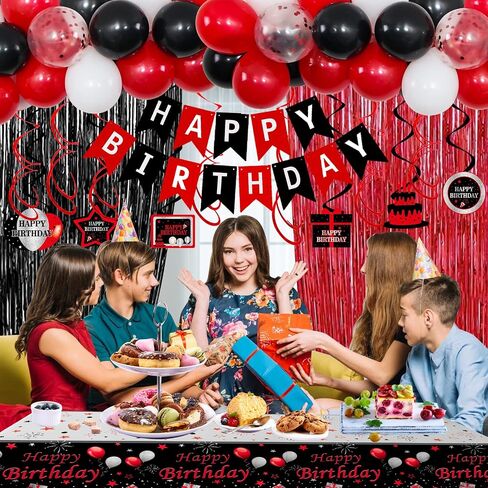 15th Birthday Decorations for Boys Girls,Red and Black 15th Birthday Balloons Banner Number 15 Balloon Hanging Swirls Tablecloth Foil Fringe Curtains For 15 Years Old Party Decorations Boys Girls in Kuwait