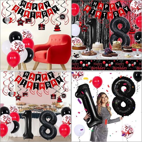 15th Birthday Decorations for Boys Girls,Red and Black 15th Birthday Balloons Banner Number 15 Balloon Hanging Swirls Tablecloth Foil Fringe Curtains For 15 Years Old Party Decorations Boys Girls in Kuwait