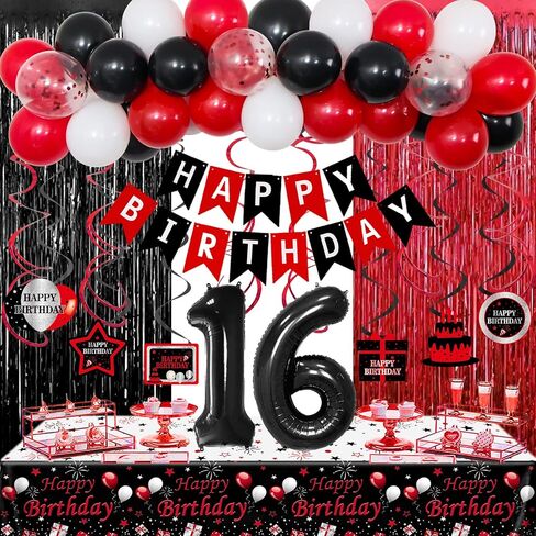 15th Birthday Decorations for Boys Girls,Red and Black 15th Birthday Balloons Banner Number 15 Balloon Hanging Swirls Tablecloth Foil Fringe Curtains For 15 Years Old Party Decorations Boys Girls in Kuwait