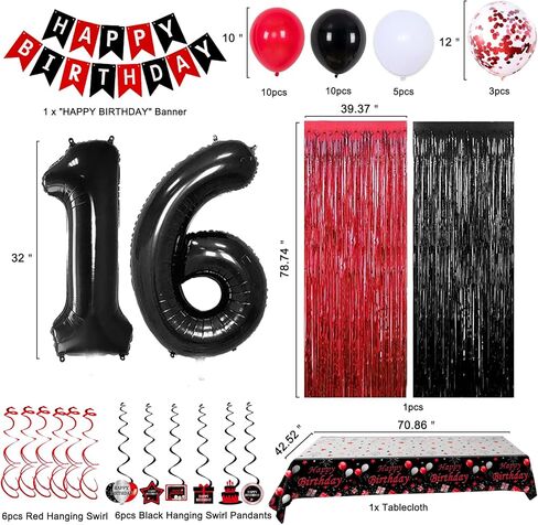 15th Birthday Decorations for Boys Girls,Red and Black 15th Birthday Balloons Banner Number 15 Balloon Hanging Swirls Tablecloth Foil Fringe Curtains For 15 Years Old Party Decorations Boys Girls in Kuwait