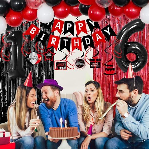 15th Birthday Decorations for Boys Girls,Red and Black 15th Birthday Balloons Banner Number 15 Balloon Hanging Swirls Tablecloth Foil Fringe Curtains For 15 Years Old Party Decorations Boys Girls in Kuwait