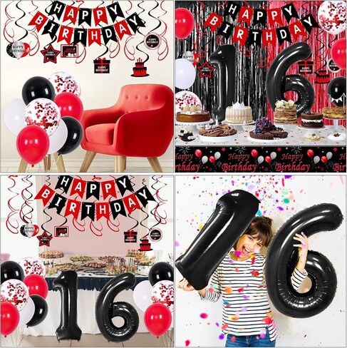15th Birthday Decorations for Boys Girls,Red and Black 15th Birthday Balloons Banner Number 15 Balloon Hanging Swirls Tablecloth Foil Fringe Curtains For 15 Years Old Party Decorations Boys Girls in Kuwait