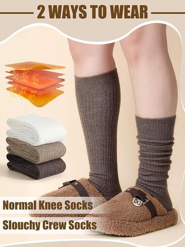Shihanee 3 Pairs Women Cashmere Cotton Knee High Socks Ribbed Knit Slouchy Socks Soft Warm Boot Socks for Women Girls in Saudi Arabia