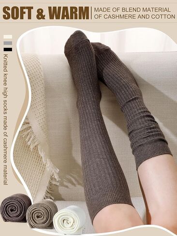 Shihanee 3 Pairs Women Cashmere Cotton Knee High Socks Ribbed Knit Slouchy Socks Soft Warm Boot Socks for Women Girls in Saudi Arabia