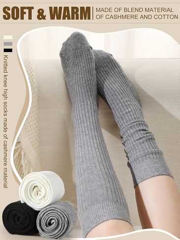 Shihanee 3 Pairs Women Cashmere Cotton Knee High Socks Ribbed Knit Slouchy Socks Soft Warm Boot Socks for Women Girls in Saudi Arabia