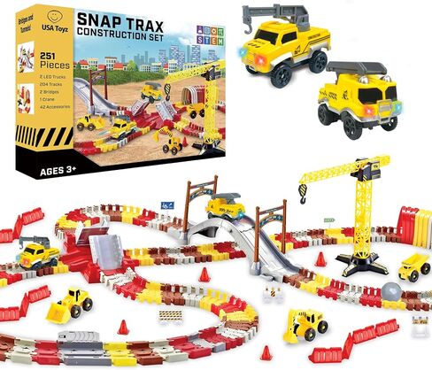 USA Toyz Snap Trax Construction Set Race Tracks and LED Toy Cars - 251 Pk STEM Building Toys Car Race Tracks Set with Bendable Race Car Track for Boys Girls, 3 Trucks, and 2 Light Up Toy Cars for Kids in Kuwait