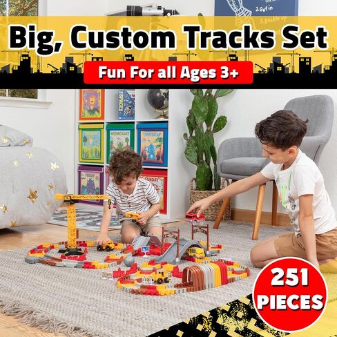 USA Toyz Snap Trax Construction Set Race Tracks and LED Toy Cars - 251 Pk STEM Building Toys Car Race Tracks Set with Bendable Race Car Track for Boys Girls, 3 Trucks, and 2 Light Up Toy Cars for Kids in Kuwait