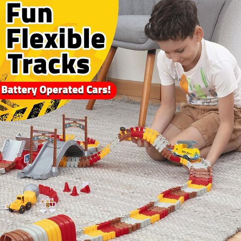 USA Toyz Snap Trax Construction Set Race Tracks and LED Toy Cars - 251 Pk STEM Building Toys Car Race Tracks Set with Bendable Race Car Track for Boys Girls, 3 Trucks, and 2 Light Up Toy Cars for Kids in Kuwait
