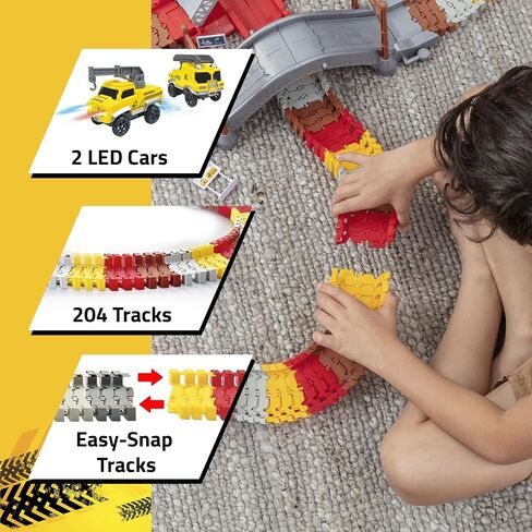 USA Toyz Snap Trax Construction Set Race Tracks and LED Toy Cars - 251 Pk STEM Building Toys Car Race Tracks Set with Bendable Race Car Track for Boys Girls, 3 Trucks, and 2 Light Up Toy Cars for Kids in Kuwait