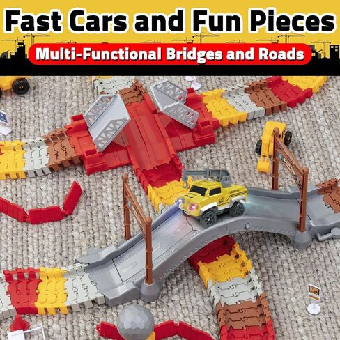 USA Toyz Snap Trax Construction Set Race Tracks and LED Toy Cars - 251 Pk STEM Building Toys Car Race Tracks Set with Bendable Race Car Track for Boys Girls, 3 Trucks, and 2 Light Up Toy Cars for Kids in Kuwait