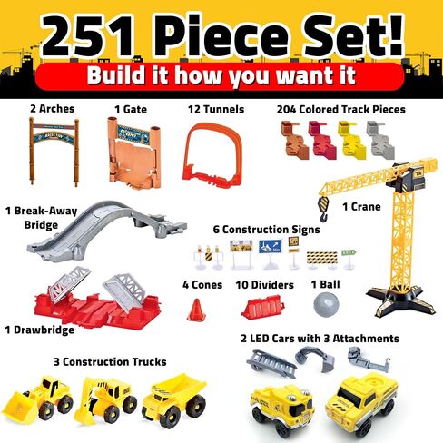 USA Toyz Snap Trax Construction Set Race Tracks and LED Toy Cars - 251 Pk STEM Building Toys Car Race Tracks Set with Bendable Race Car Track for Boys Girls, 3 Trucks, and 2 Light Up Toy Cars for Kids in Kuwait