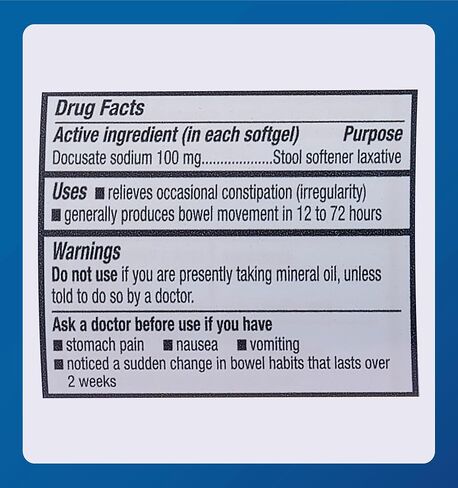 Docusate Sodium Stool Softener Useful As a Stool Softener and Wetting Agent for The Temporary Relief of Constipation. Helps Keep Stool Soft for Easy and Natural Evacuation - 100 Softgels in Saudi Arabia