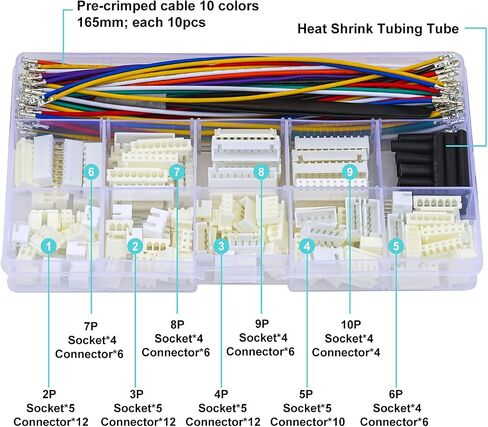 Keszoox PH 2.0mm Male & Female JST Connector Kit with 22AWG Pre-Crimped Cables Wire,(Total 166Pcs) 2/3/4/5/6/7/8/9/10 Pin Housing JST Adapter Cable Connector（10 Colors 150mm） in Kuwait