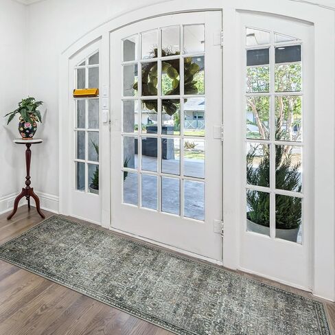 Morebes Boho Green Kitchen Runner Rug 2.5x12, Washable Floral Hallway Runner Rug 12ft Non Slip, Soft Low Pile Stain-Resistant Long Indoor Floor Carpet for Hallways Entryway Bathroom in Saudi Arabia