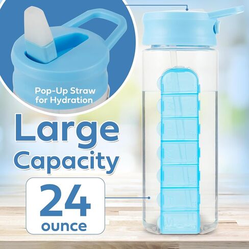 MARS WELLNESS 24 Ounce Water Bottle with Slideout Pill Box, Daily Pill Organizer - 7 Day Medicine Holder, Easy Slide Out Pill Container, Popup Straw for Hydration in Saudi Arabia