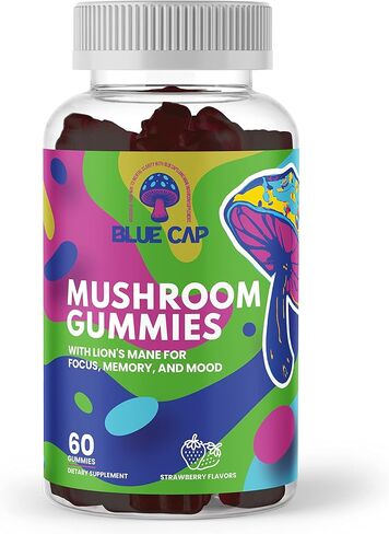 Blue Caps Mushrooms Lion's Mane Mushroom Gummies - 500mg Dual Extracted for Clarity, Focus, and Memory - Strawberry Flavor, Gelatin-Free, Gluten-Free, Non-GMO, Vegan in Saudi Arabia