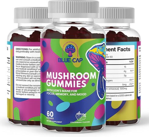 Blue Caps Mushrooms Lion's Mane Mushroom Gummies - 500mg Dual Extracted for Clarity, Focus, and Memory - Strawberry Flavor, Gelatin-Free, Gluten-Free, Non-GMO, Vegan in Saudi Arabia