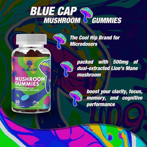 Blue Caps Mushrooms Lion's Mane Mushroom Gummies - 500mg Dual Extracted for Clarity, Focus, and Memory - Strawberry Flavor, Gelatin-Free, Gluten-Free, Non-GMO, Vegan in Saudi Arabia