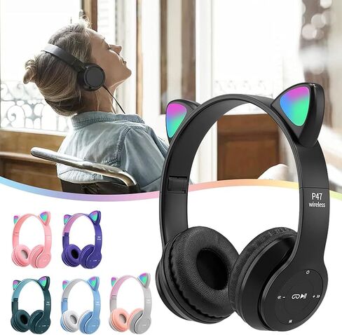 سماعات رأس للأطفال، سماعة أذن Cat Ear LED تضيء بلوتوث 5.0 سماعة ألعاب لاسلكية قابلة للطي للأطفال البالغين، ميكروفون مدمج مريح لإلغاء الضوضاء فوق سماعات الأذن (أرجواني) in Kuwait
